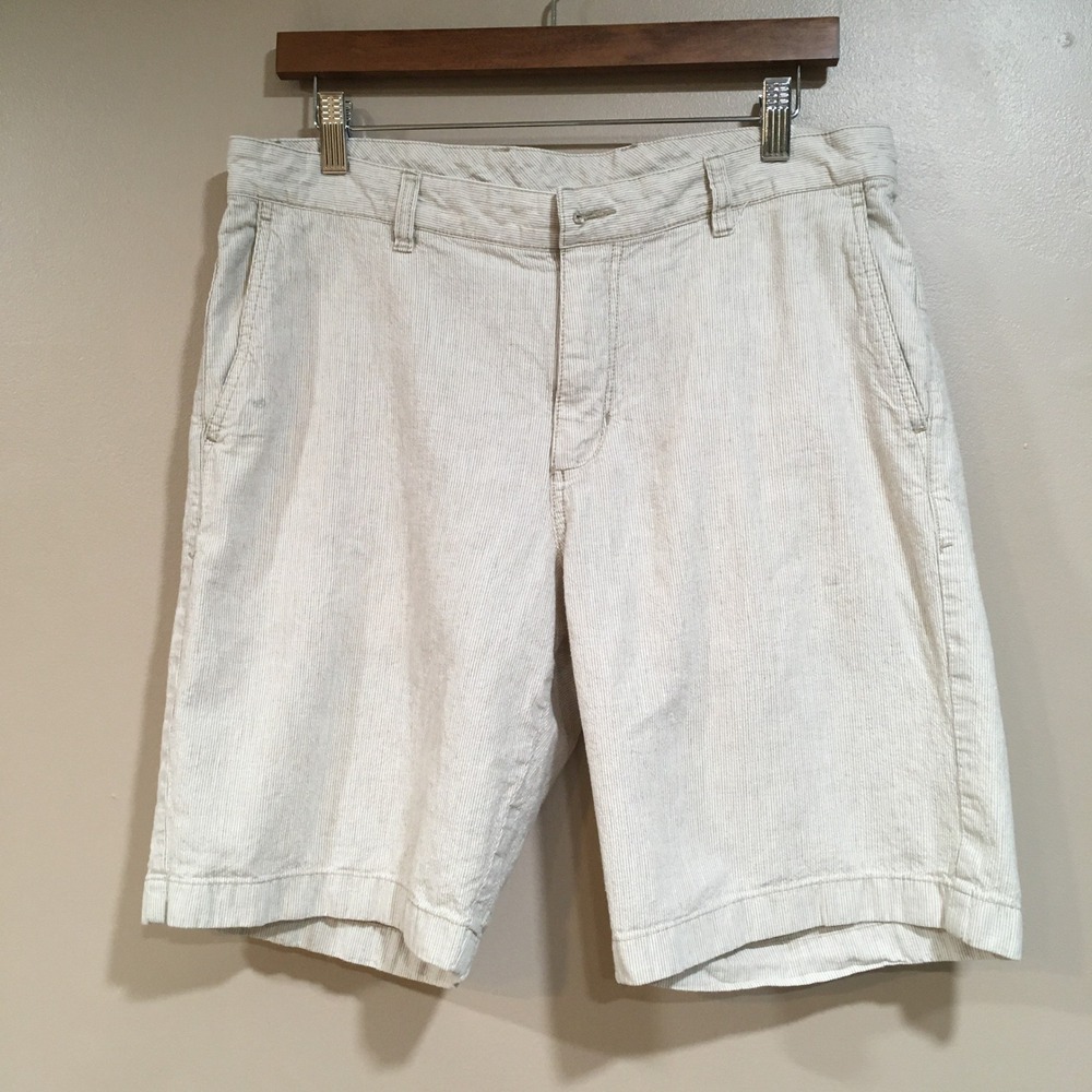 Tommy Bahama Linen Cotton Shorts Mens 34x9 Beige Stripe Coastal Beach Resort